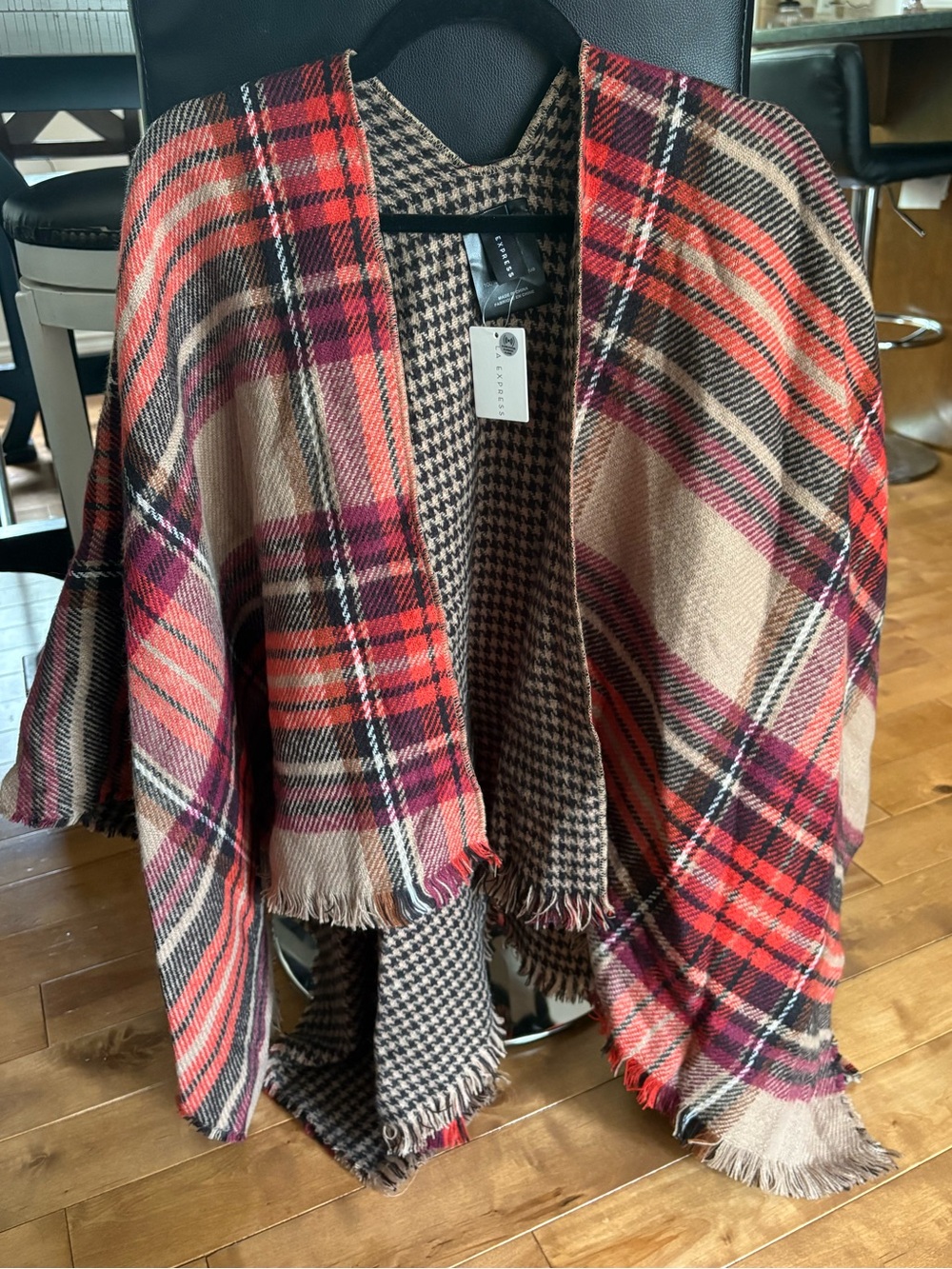 LA Express Reversible Plaid Shawl Wrap Poncho